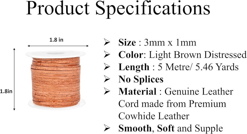 GENIQUE 3mm Leather Cord, 1/8 inch Leather String Cord for Shoe Laces, Necklace, Bracelets, Jewelry Making, Crafting (3mm Light Brown Distressed 5Mtr) - Image 2